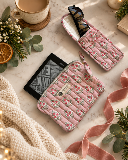  Padded Kindle Sleeve And Matching Glasses Case  in light pink & green floral print. Curated Gift Bundle For Kindle Readers