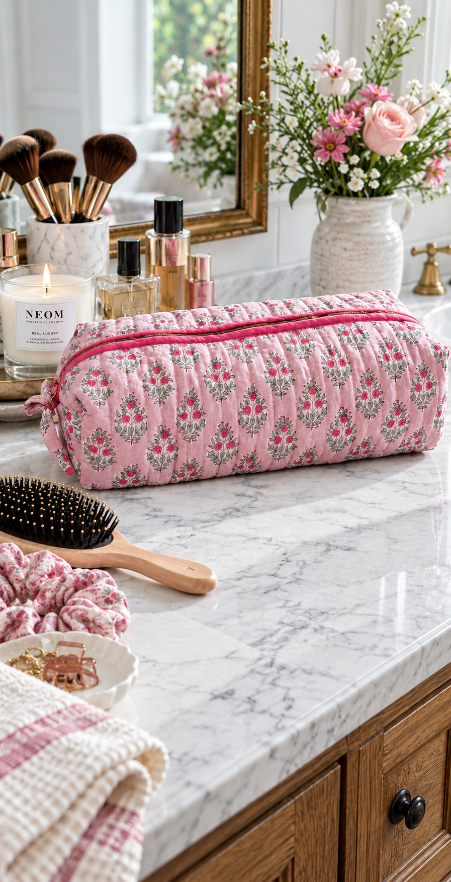 Pink floral quilted cotton hair tools bag displayed on a marble bathroom vanity next to makeup brushes and a candle
