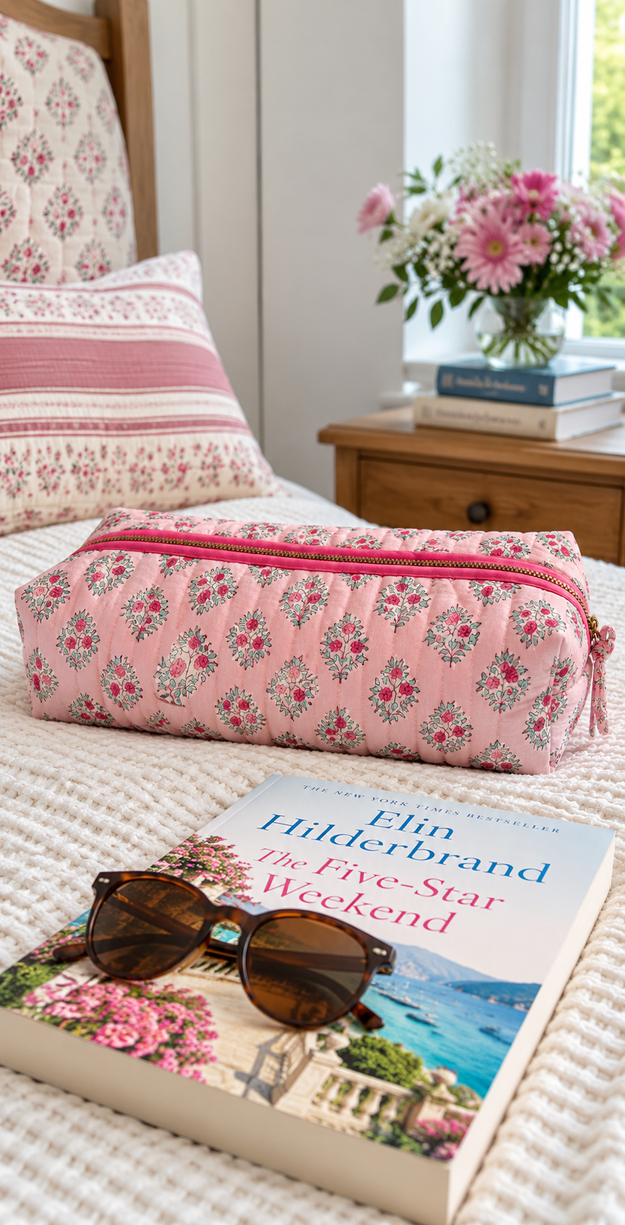 Pink hand block printed quilted hair tools bag on a bed beside sunglasses and a book for weekend travel