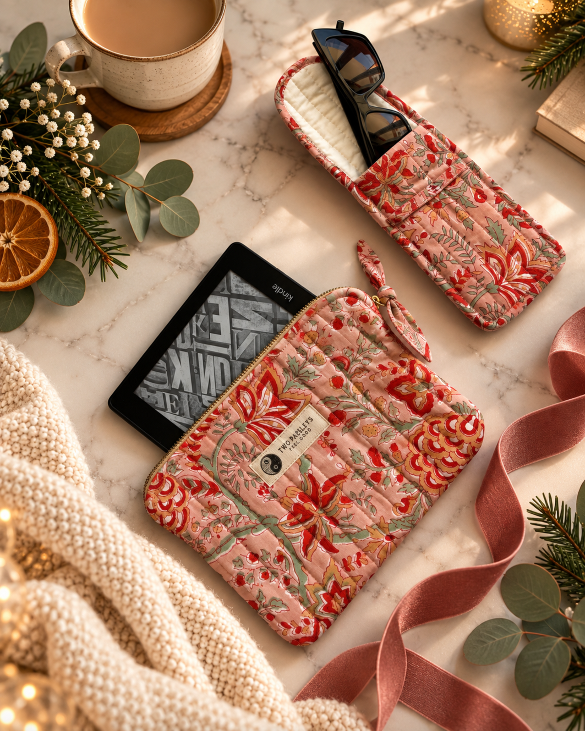 Luxury Curated Gift Bundle For Kindle Readers Featuring Quilted Sleeve And Glasses Case. Kindle E Reader Inserting Into Quilted Pink Fabric Sleeve With Matching Glasses Case