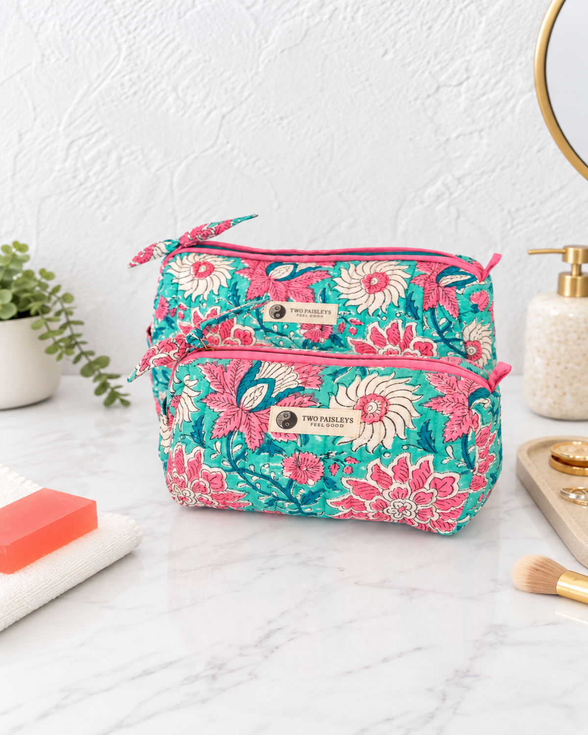 Garden of Eden Turquoise & Bright Pink Florals Quilted Wash Bag Duo Gift Set In Blue Floral Block Print Cotton