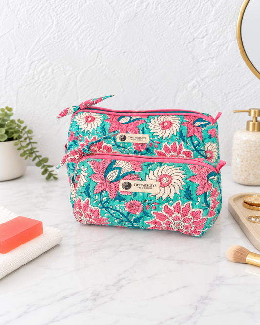 Garden of Eden Turquoise & Bright Pink Florals Quilted Wash Bag Duo Gift Set In Blue Floral Block Print Cotton