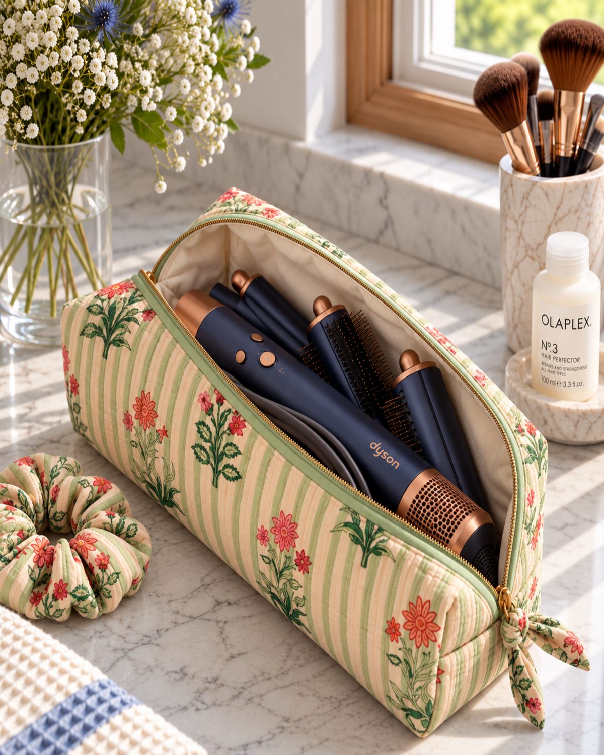 Two Paisleys Green Stripe Floral quilted cotton hair tools bag in green and cream block print displayed on a marble bathroom vanity next to a candle and hairbrush