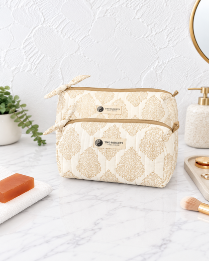 Henna Tattoo Inspired  Caramel Coloured Motifs On A Cream Background Quilted Wash Bag Duo Gift Set In Block Print Cotton