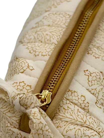 Topshot Of Henna Tattoo  Quilted Makeup Bag Showing  Caramel & Gold Zip 