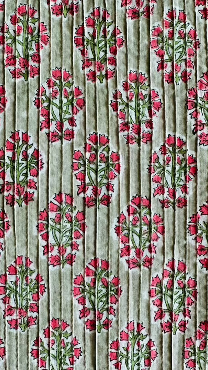 Detailed view of the Two Paisleys Verdant Rose fabric, showcasing the beautiful combination of pintucking and a vibrant floral buta print