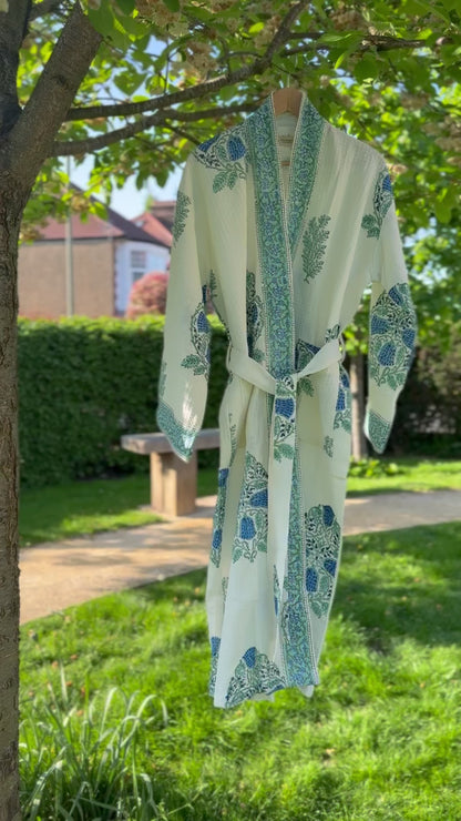 Johri Block Printed Waffle Cotton Bath Robe Kimono Dressing Gown