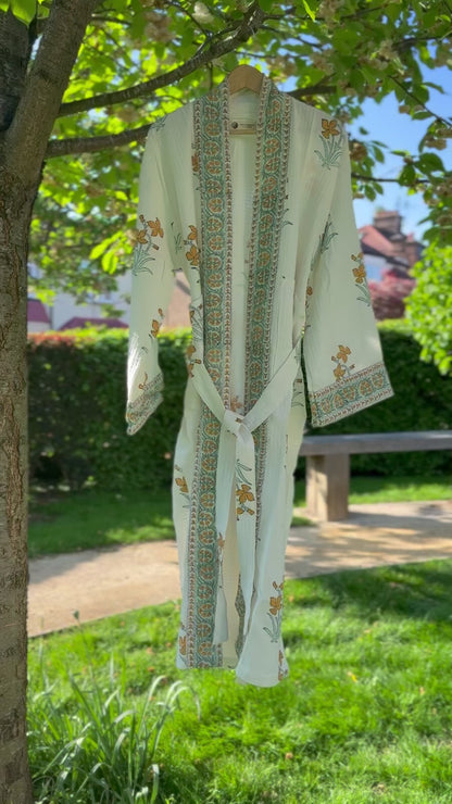 Amer Block Printed Waffle Cotton Bath Robe Kimono Dressing Gown