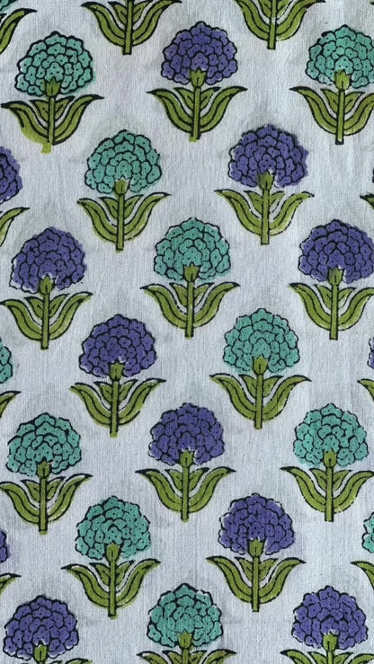 Serene Hydrangea Floral Cotton Blockprint Sewing Craft Fabric