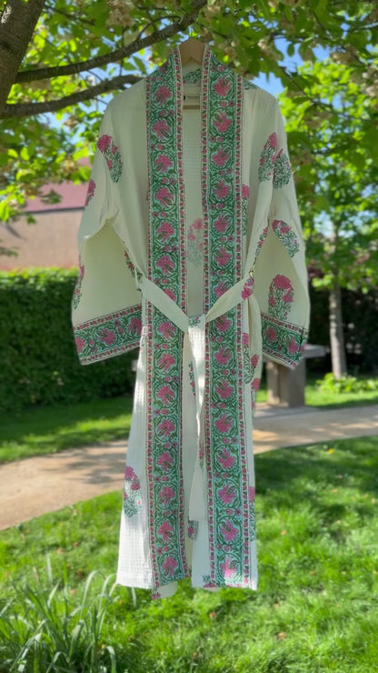 Rambagh Block Printed Waffle Cotton Bath Robe Kimono Dressing Gown