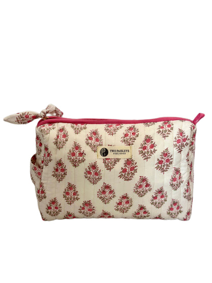 Front View of the Vintage Floral Pink Quilted Toiletry Bag