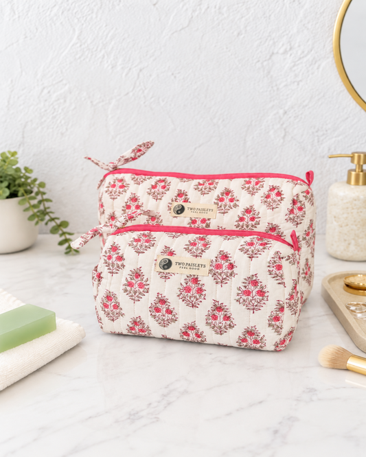 Vintage Floral Pink Quilted Wash Bag Duo Gift Set Featuring Large And Small Cotton Cosmetic Pouches